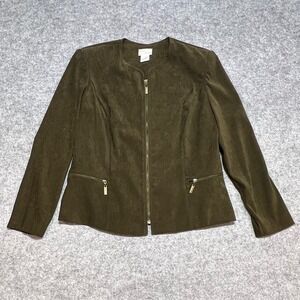 Debra Martin Olive Green Faux Suede Zip Front Jacket Womens Collarless Size‎ 14